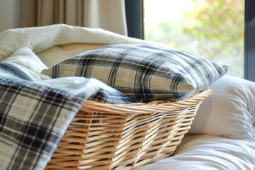 Plaid in wicker basket, clean blanket, linen bedding, cotton sheets, pillow.