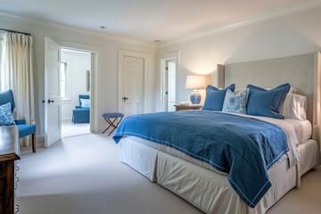 Spacious bedroom with large bed, blue bedding and simple, new furniture.