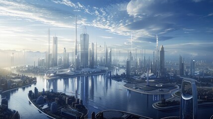 A conceptual architectural rendering envisioning futuristic cityscapes and sustainable urban...