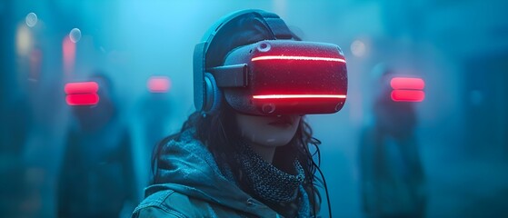 People in VR headsets simulating an epidemic spread for prediction purposes. Concept VR Simulation, Epidemic Spread, Prediction Modeling, Virtual Reality, Public Health - obrazy, fototapety, plakaty