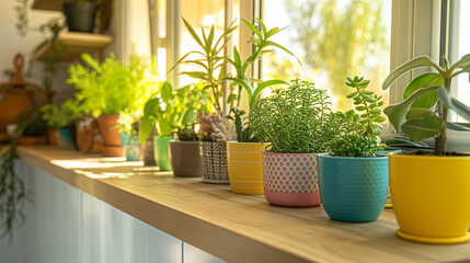 Kitchen counter with indoor plants in brightly coloured pots, botanical harmony in home decor