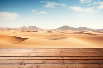 Fototapeta na wymiar Empty wooden deck table over blurred desert background, Ai Generated
