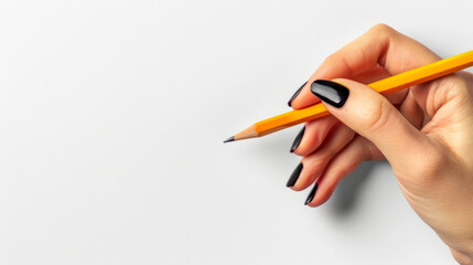 A close-up view of a person's hand elegantly positioned as it grips a standard yellow pencil, poised to write