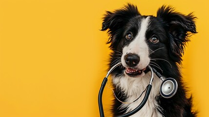 Puppy dog border collie holding stethoscope in mouth isolated on yellow background