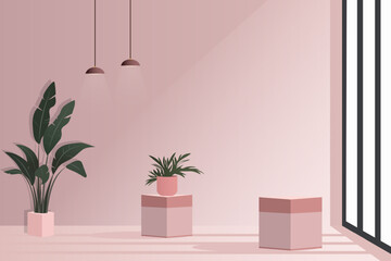 Pink room with a large window and pink walls, window shadow, podium and potted plants for mockup. Vector illustration for design, print, poster, banner or background.