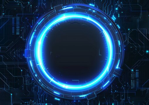 Blue glowing light ring portal technology background illustration in the style of futuristic hologram elements and digital circuit board Generative AI