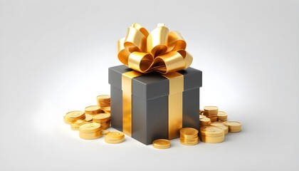 3D Open gift box with floating gold coin and serpentine ribbon. Cash surprise box. Money prize reward. Loyalty program concept. Cartoon creative design icon isolated on white background. 3D Rendering
 - obrazy, fototapety, plakaty