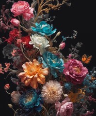 bouquet of colorful flowers, including hues of blue, pink, and yellow, against a black background.