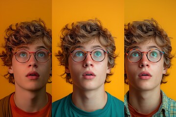 Triptych of a surprised young boy with glasses