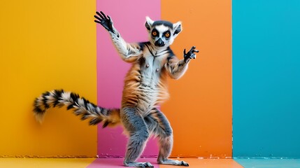Naklejka premium ring tailed lemur dancing on colored background