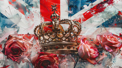 Fototapeta premium watercolor crown and British flag on a white background, illustration, monarchy, coronation, Great Britain, drawing, jewel, gold, symbol, power, king, queen, kingdom, greatness