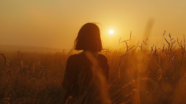 A woman standing alone on the grass with a sunset in the background AI generated image