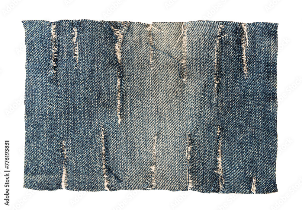 Poster Piece of torn denim on a white background. Denim texture