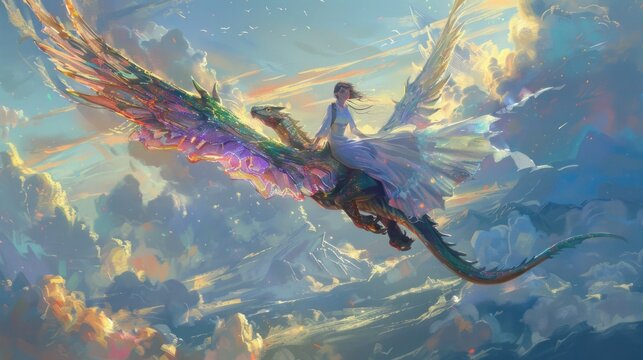 Futuristic woman riding a dragon flying in the sky through the clouds AI generated image