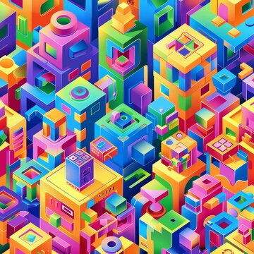 A picture of 3D isometric city made of colorful cubes and blocks, geometric abstract world of objects, AI Generated.