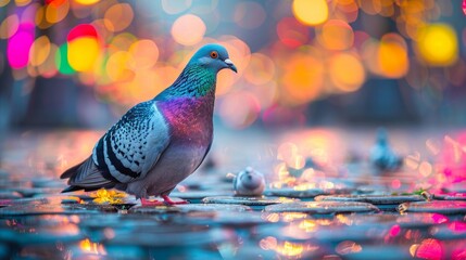 Pigeon on background of Christmas lights. Festive decorations on the city street.