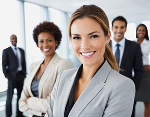 a group of business people standing in a row smiling at the camera 
