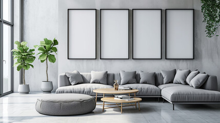 Tranquil living room with minimalist decor, empty frames on the wall ready for personalized artwork, showcasing modern interior design