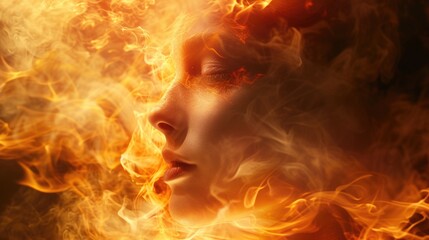 Fiery woman. Burning beauty. Face in flames. AI generative.