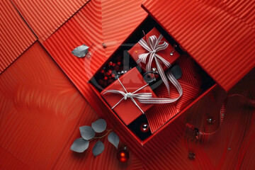 Valentine's Day design. Realistic red gift boxes. Open gift box full of decorative festive objects. Generative AI.
