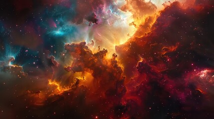 A cosmic explosion of colors in a star-forming region, where vibrant clouds of gas and dust collide to create a dazzling display of light and color. - obrazy, fototapety, plakaty