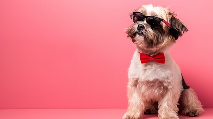 shih tzu dog wearing sunglasses and red bowtie sitting on pink background