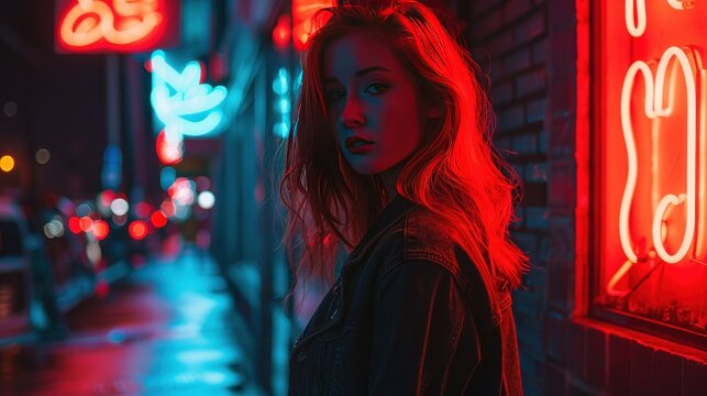 Style woman with red hair nightclub decorated with neon lights AI generated image