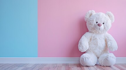 Smiling white teddy bear standing on wooden floor at light pink blue wall background