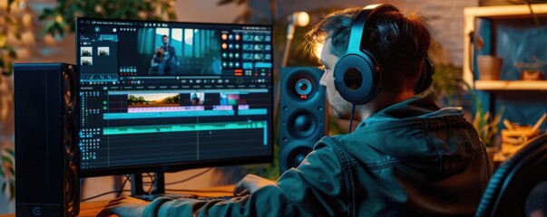 Man editing video on computer in home studio