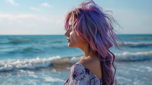 Relaxing purple hair female model on the elegant beach AI generated image