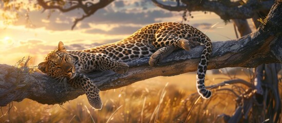 A wild leopard is relaxing on a tall tree trunk AI generated image - obrazy, fototapety, plakaty