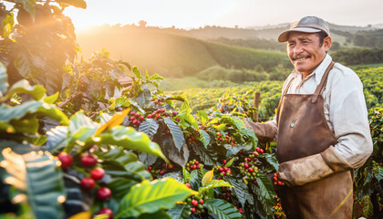 Coffee farmer or picker, middle aged man in work clothes and hat working on farm plantation, small red berries growing on bushes near. Generative AI