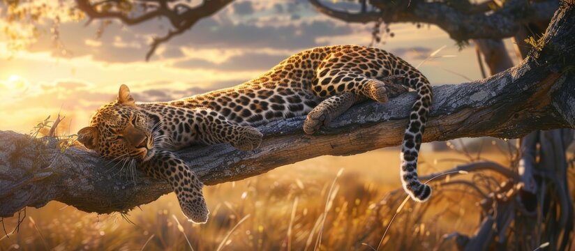 A wild leopard is relaxing on a tall tree trunk AI generated image