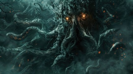 Scary monster octopus with flaming eyes, legendary kraken monster AI generated image