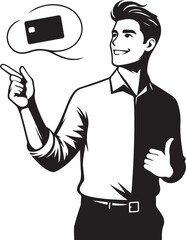 cheerful dreamy man formal shirt rising bank card pointing thumb empty space isolated vector black color silhouette