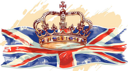 golden crown and British flag on a white background, illustration, monarchy, coronation, Great Britain, drawing, jewel, gold, symbol, power, king, queen, kingdom, greatness - obrazy, fototapety, plakaty