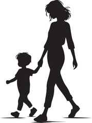 minimalist A sweet cute mommy with a small boy, wear casual outfits, walking holding arms isolated vector black color silhouette, Black color silhouette
