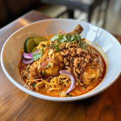 Khao Soi Spicy Chicken Curry Noodles Topped with Peanuts and Herbs