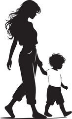 minimalist A sweet cute mommy with a small boy, wear casual outfits, walking holding arms isolated vector black color silhouette, Black color silhouette