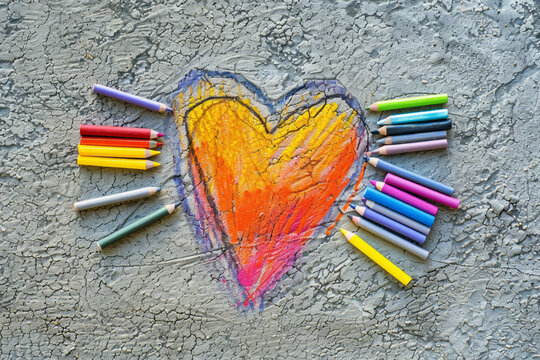 Valentine Heart Drawn With Crayons Space for Text. Generative AI