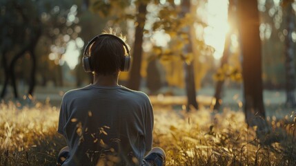 man listening to music, meditating in a forest generative ai - obrazy, fototapety, plakaty