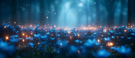St Johns Wort plant in a dark forest with a blue aura mist and sparkles in the background. Concept Nature Photography, Plant Life, Forest Setting, Mystical Atmosphere, St John's Wort - obrazy, fototapety, plakaty