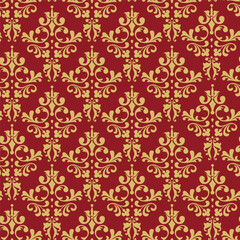 Seamless pattern with golden Victorian pattern on red background. 