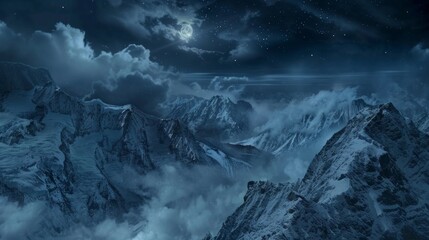 snowy mountains covered in clouds during a dark night generative ai