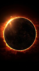 Total lunar eclipse with fiery atmosphere. Dark background for thriller, mystery, and science fiction design
