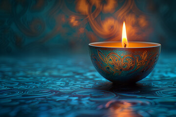 A single lit candle in an elegant, decorative bowl against the backdrop of intricate blue wallpaper with soft lighting and copy space for text - obrazy, fototapety, plakaty