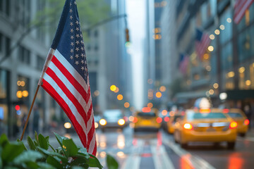 American flag in the city with blur background, memorial day. Generative AI