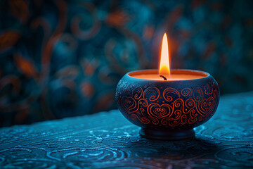 A single lit candle in an elegant, decorative bowl against the backdrop of intricate blue wallpaper with soft lighting and copy space for text