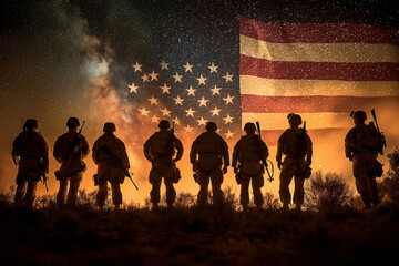 A dramatic image of United States military heroes silhouetted before the nation's flag, celebrating Veterans Day, Memorial Day. Generative AI - Powered by Adobe