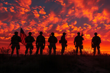 A dramatic image of United States military heroes silhouetted before the nation's flag, celebrating Veterans Day, Memorial Day. Generative AI